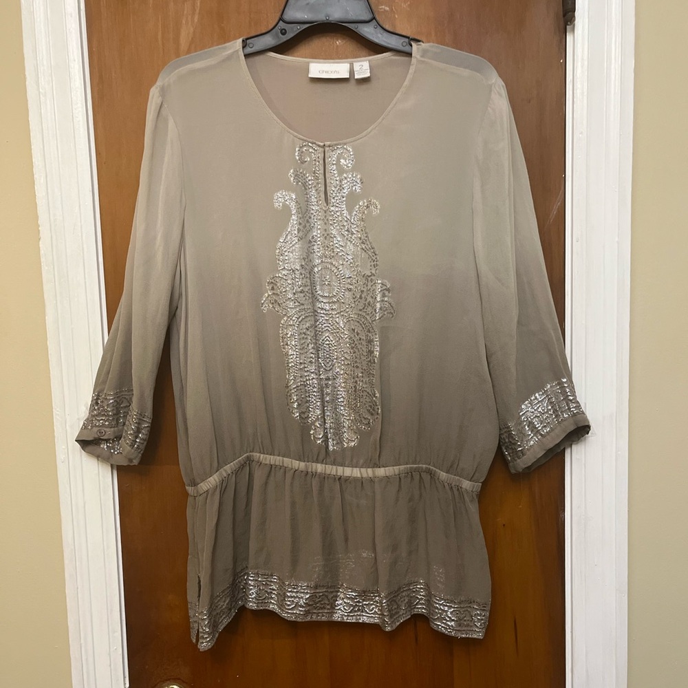 Chico's Brown Embellished Peplum Blouse Size 2. R1